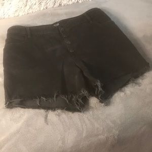 High waisted black denim button up shorts